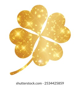 Gold Four leaf clover vector icon. Lucky and happiness concept. St Patrick's Day. Lucky Four-leaf clover. Shamrock golden sparkling four leaf clover icon. Good luck theme, lottery and winning concept