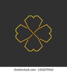 Gold four leaf shamrock in Celtic style, St Patrick's day vector line clover icon on dark gray background