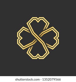 Gold four leaf shamrock in Celtic style, St Patrick's day vector line clover icon on dark gray background