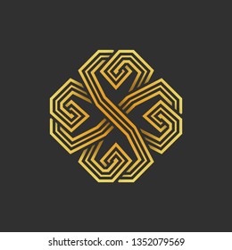 Gold four leaf shamrock in Celtic style, St Patrick's day vector line clover icon on dark gray background