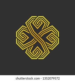 Gold four leaf shamrock in Celtic style, St Patrick's day vector line clover icon on dark gray background