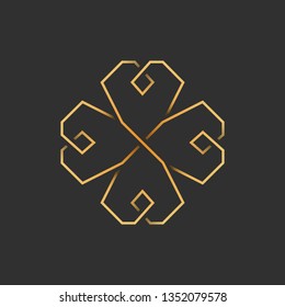 Gold four leaf shamrock in Celtic style, St Patrick's day vector line clover icon on dark gray background