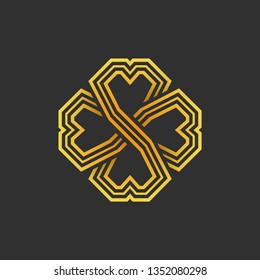 Gold four leaf shamrock in Celtic style, St Patrick's day vector  clover icon