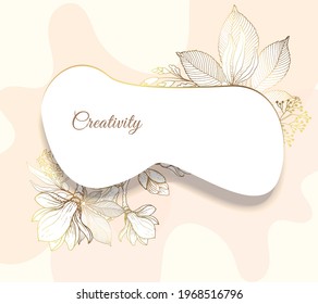 Gold frame. 3D paper cut. Leaves and flowers from golden threads. Square frame with summer flowers in vintage style. Vector illustration. Place for an inscription.