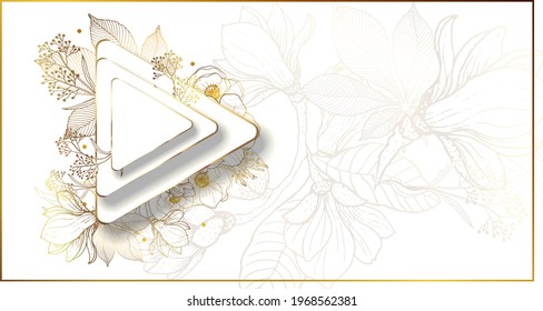 Gold frame. 3D paper cut. Leaves and flowers from golden threads. Three-cornered volumetric frame with summer flowers in vintage style. Vector illustration. Place for an inscription.