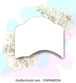 Gold frame. 3D paper cut. Leaves and flowers from golden threads. Abstract frame with summer flowers in vintage style. Vector illustration. Place for an inscription.