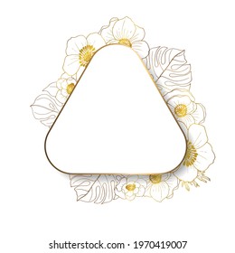 Gold frame. 3D paper cut. Leaves and flowers from golden threads. Three-cornered volumetric frame with summer flowers in vintage style. Vector illustration. Place for an inscription.