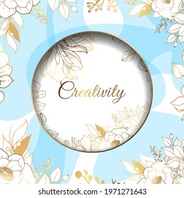 Gold frame. 3D paper cutout. Leaves and flowers from golden threads. Pastel colored background. Original frame with summer flowers in vintage style. Vector illustration. Place for an inscription.