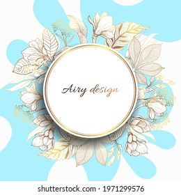 Gold frame. 3D paper cutout. Leaves and flowers from golden threads. Original frame with summer flowers in vintage style on a blue background. Vector illustration. Place for an inscription.
