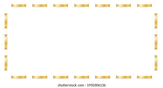 Gold frame 3D. Square border, isolated white background. Golden stitch, tack. Design Christmas card, New Year celebration, wedding, birthday. Empty copy space. Vintage retro style. Vector illustration