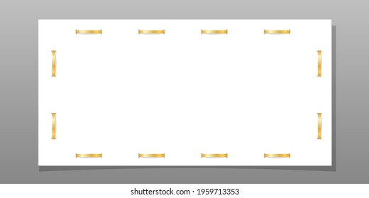 Gold frame 3D. Square border, isolated white background. Golden stitch, tack. Design Christmas card, New Year celebration, wedding, birthday. Empty copy space. Vintage retro style. Vector illustration