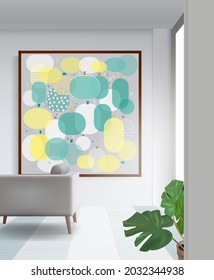 Gold frame with abstract image on wall in living room interior with  sofa and ornamental plant ,vector image