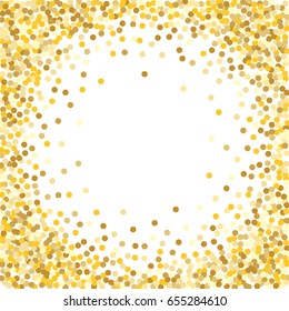 Gold frame. Gold background for decoration. Yellow and gold circles on white background. Vector colorful round confetti splash isolated on white background. Circles confetti fall from top to bottom. 