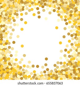 Gold frame. Gold background for decoration. Yellow and gold circles on white background. Vector colorful round confetti splash isolated on white background. Circles confetti fall from top to bottom. 