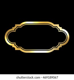 Gold frame. Beautiful golden design. Vintage style decorative border, isolated on black background. Deco elegant art object. Empty copy space for decoration, photo, banner. Vector illustration.