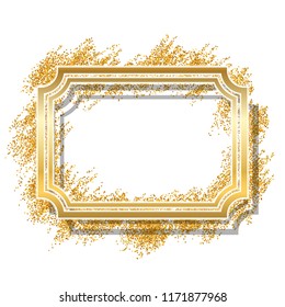 Gold frame. Beautiful golden glitter design. Vintage style decorative border, isolated white background. Deco elegant luxury framework for decoration, photo, Christmas banner Vector illustration