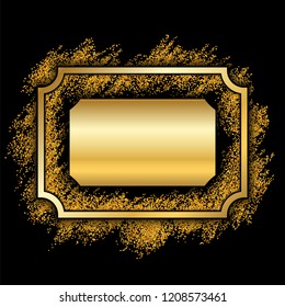 Gold frame. Beautiful golden glitter design. Vintage style decorative border, isolated black background. Deco elegant luxury framework for decoration, photo, Christmas banner Vector illustration