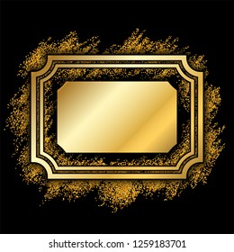 Gold frame. Beautiful golden glitter design. Vintage style decorative border, isolated black background. Deco elegant luxury framework for decoration, photo, Christmas banner Vector illustration
