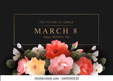 Gold frame and beautiful roses on a black background. Retro card. Women's Day Background