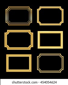 Gold frame. Beautiful simple golden design. Vintage style decorative border, isolated on black background. Deco elegant art object. Empty copy space for decoration, photo, banner. Vector illustration.