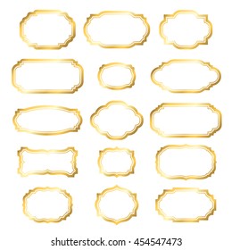 Gold frame. Beautiful simple golden design. Vintage style decorative border, isolated on white background. Deco elegant art object. Empty copy space for decoration, photo, banner. Vector illustration.