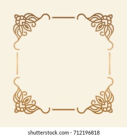 Gold frame. Beautiful simple golden design. Vintage style decorative border, isolated on white background. Deco elegant art object. Empty copy space for decoration, photo, banner. Vector illustration.