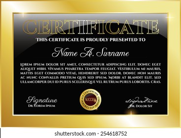 Gold frame black certificate template.
