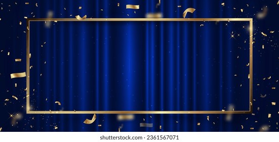 Gold frame with Blue curtain background. Golden confetti banner and ribbon background. Celebration grand openning party happy concept. Vector illustration