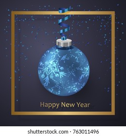 Gold frame with blue ribbon, serpentine, dust and Christmas ball with snowflakes pattern for flyer, poster, holiday design, decor, banner. Black background. New Year vector illustration.