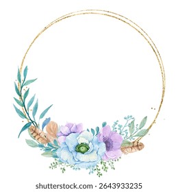 Gold frame border. with flowers. Watercolor hand painting floral wreath with place for text with bouquet. Isolated on white background.