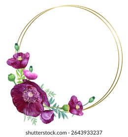 Gold frame border. with flowers. Watercolor hand painting floral wreath with place for text with bouquet. Isolated on white background.