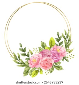Gold frame border. with flowers. Watercolor hand painting floral wreath with place for text with bouquet. Isolated on white background.