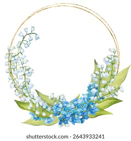 Gold frame border. with flowers. Watercolor hand painting floral wreath with place for text with bouquet. Isolated on white background.
