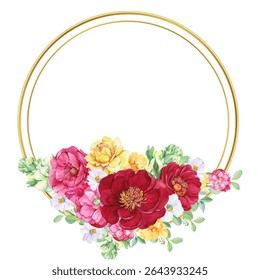 Gold frame border. with flowers. Watercolor hand painting floral wreath with place for text with bouquet. Isolated on white background.