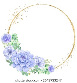Gold frame border. with flowers. Watercolor hand painting floral wreath with place for text with bouquet. Isolated on white background.