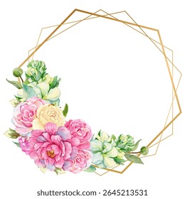 Gold frame border. with flowers. Watercolor hand painting floral wreath with place for text with bouquet. Isolated on white background.