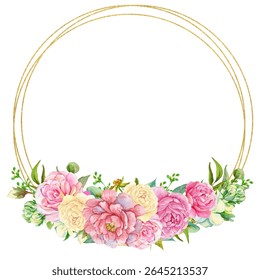 Gold frame border. with flowers. Watercolor hand painting floral wreath with place for text with bouquet. Isolated on white background.