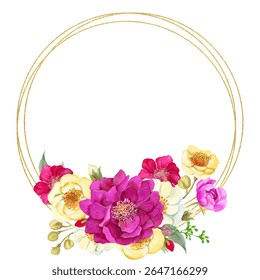Gold frame border with flowers. Watercolor hand painting floral wreath with place for text with bouquet. Isolated on white background.