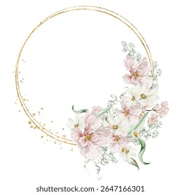 Gold frame border with flowers. Watercolor hand painting floral wreath with place for text with bouquet. Isolated on white background.