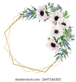 Gold frame border with flowers. Watercolor hand painting floral wreath with place for text with bouquet. Isolated on white background.