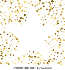 gold frame or border of random scatter golden stars on white background. Design element for festive banner, birthday and greeting card, postcard, wedding invitation. Vector illustration