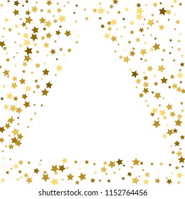 gold frame or border of random scatter golden stars on white background. Design element for festive banner, birthday and greeting card, postcard, wedding invitation. Vector illustration
