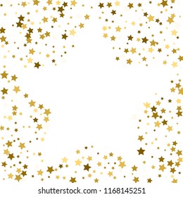 gold frame or border of random scatter golden stars on white background. Design element for festive banner, birthday and greeting card, postcard, wedding invitation. Vector illustration
