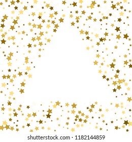 gold frame or border of random scatter golden stars on white background. Design element for festive banner, birthday and greeting card, postcard, wedding invitation. Vector illustration