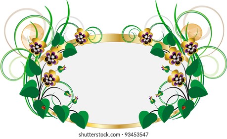 Gold frame with bouquets of violets on a white background.