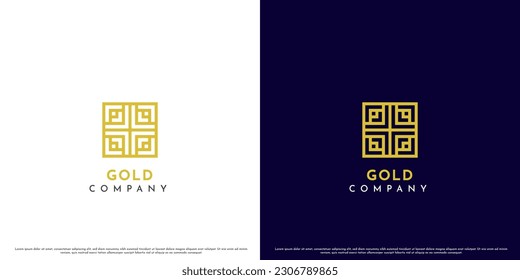 Gold frame box logo design illustration. Box element template golden frame monoline monogram geometric pattern ornament china box abstract creative simple line shape elegant luxury block gate decor.