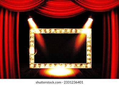 Gold frame in cinematic style on a dark background with a red curtain with spotlights. Vector illustration