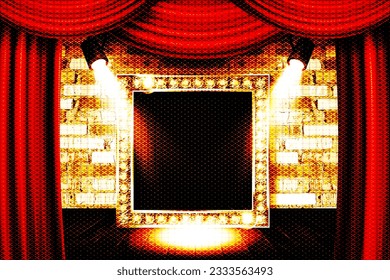 Gold frame in cinematic style on brick wall and red curtain background with spotlights. Vector illustration