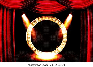 Gold frame in cinematic style on a dark background with a red curtain with spotlights. Vector illustration