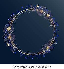 Gold frame. Circle in gold flowers and twigs on a dark gray background. Glowing sparks and dots. Place for your text.